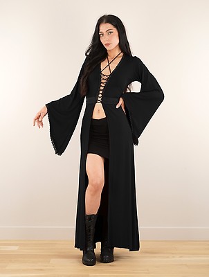 Maxi long cardigan with crochet lace detail, V-neck, Elf